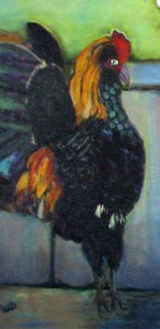 This rooster is standing as straight as he can on his tiptoes trying to look invisible.